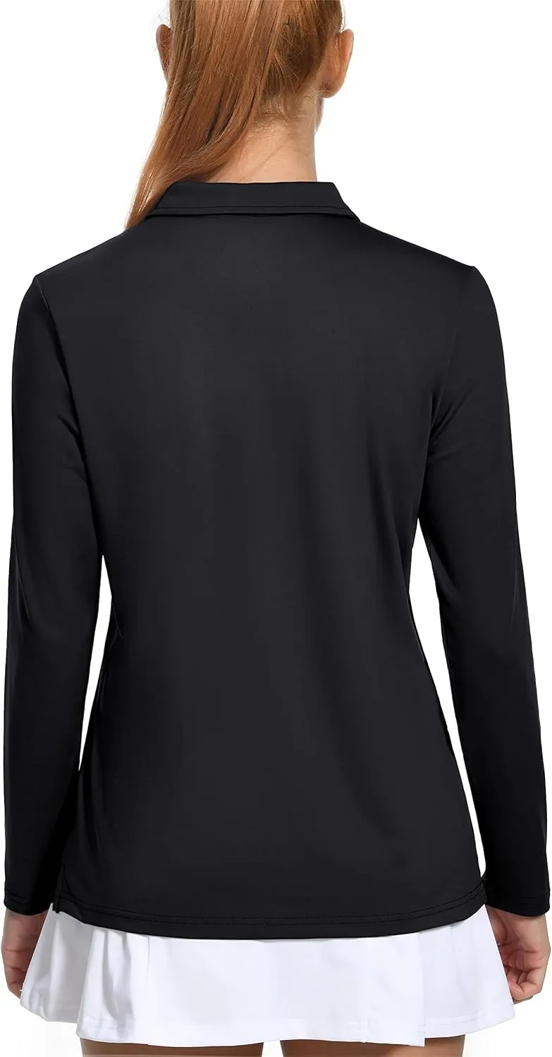 MAGCOMSEN Women's Long Sleeve Golf Shirts UPF 50  Polo Moisture Wicking 3-Button Placket Casual Shirt for Tennis Sports
