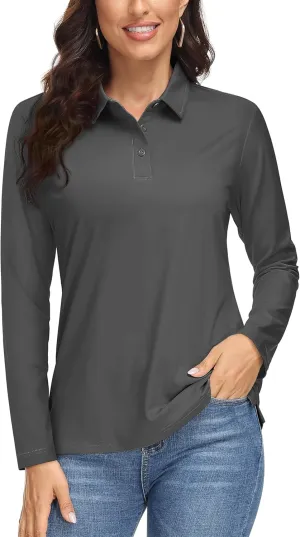MAGCOMSEN Women's Long Sleeve Golf Shirts UPF 50  Polo Moisture Wicking 3-Button Placket Casual Shirt for Tennis Sports