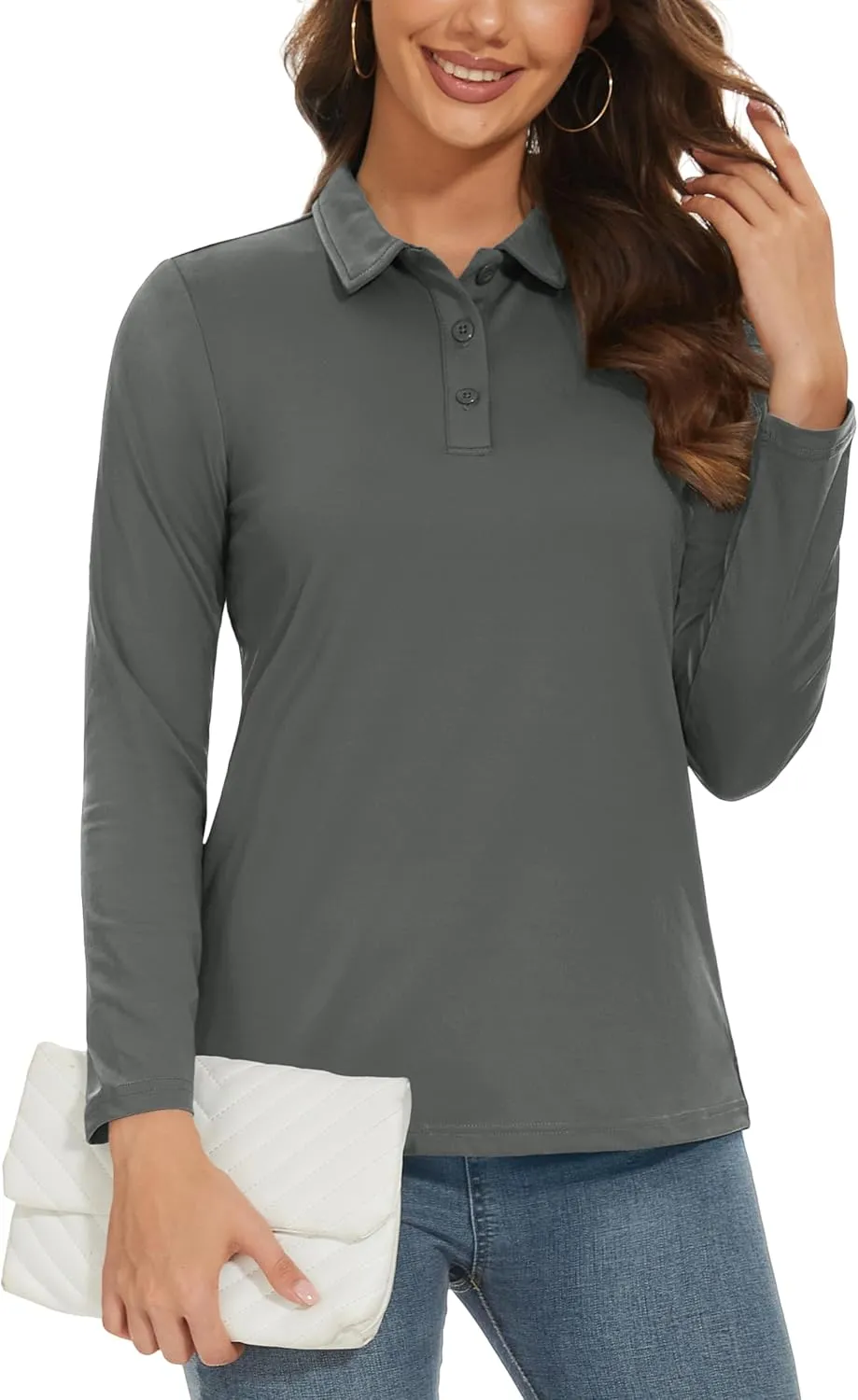 MAGCOMSEN Women's Long Sleeve Golf Shirts UPF 50  Polo Moisture Wicking 3-Button Placket Casual Shirt for Tennis Sports