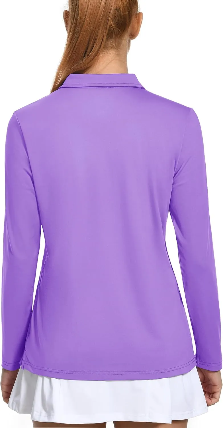 MAGCOMSEN Women's Long Sleeve Golf Shirts UPF 50  Polo Moisture Wicking 3-Button Placket Casual Shirt for Tennis Sports