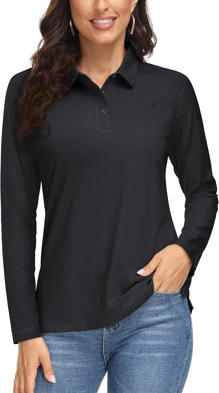 MAGCOMSEN Women's Long Sleeve Golf Shirts UPF 50  Polo Moisture Wicking 3-Button Placket Casual Shirt for Tennis Sports