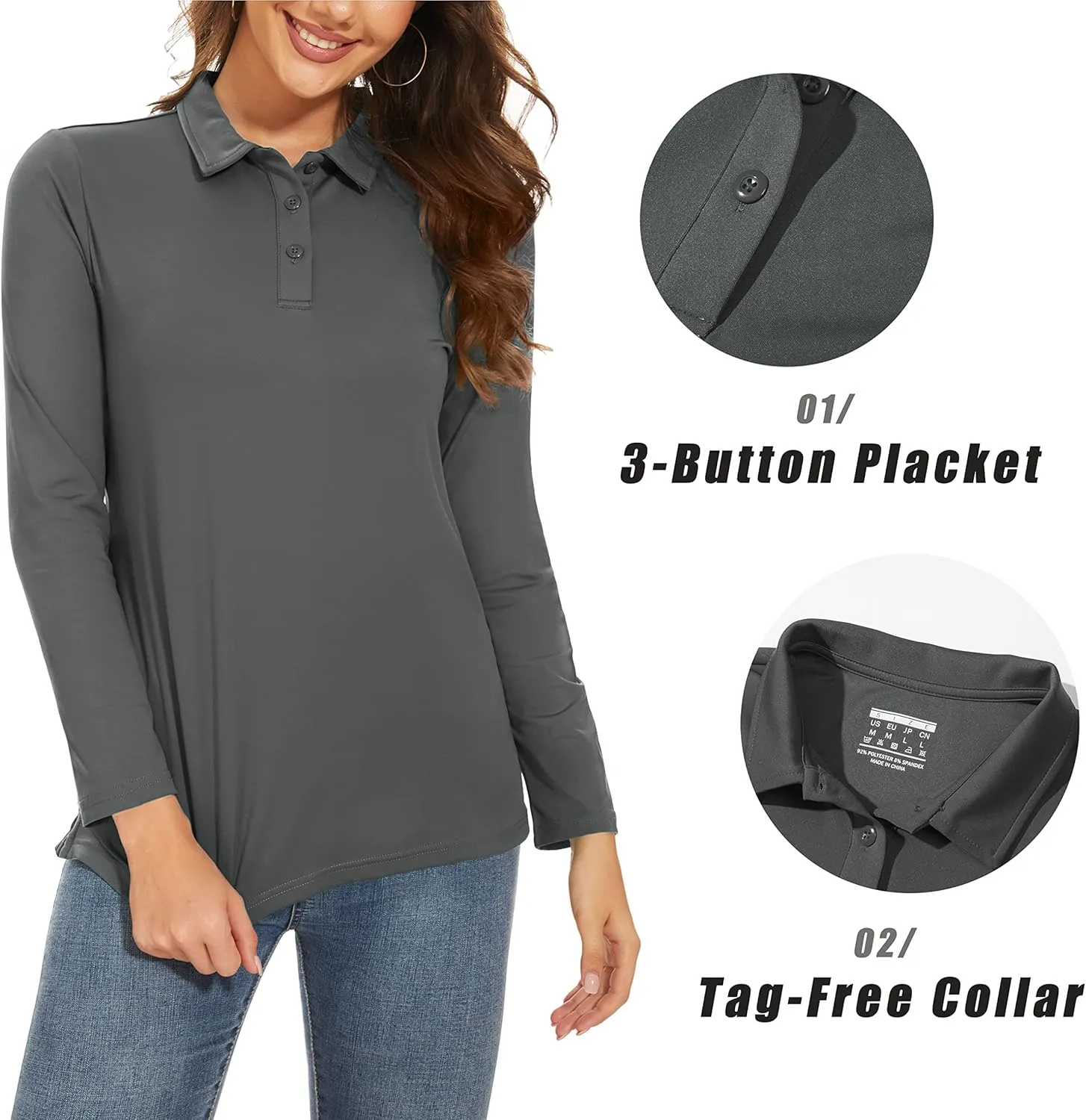 MAGCOMSEN Women's Long Sleeve Golf Shirts UPF 50  Polo Moisture Wicking 3-Button Placket Casual Shirt for Tennis Sports