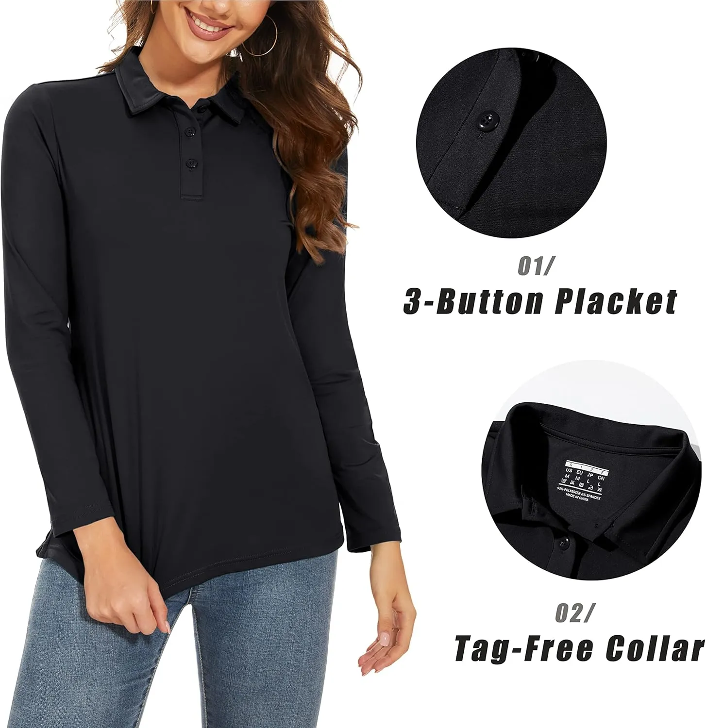MAGCOMSEN Women's Long Sleeve Golf Shirts UPF 50  Polo Moisture Wicking 3-Button Placket Casual Shirt for Tennis Sports