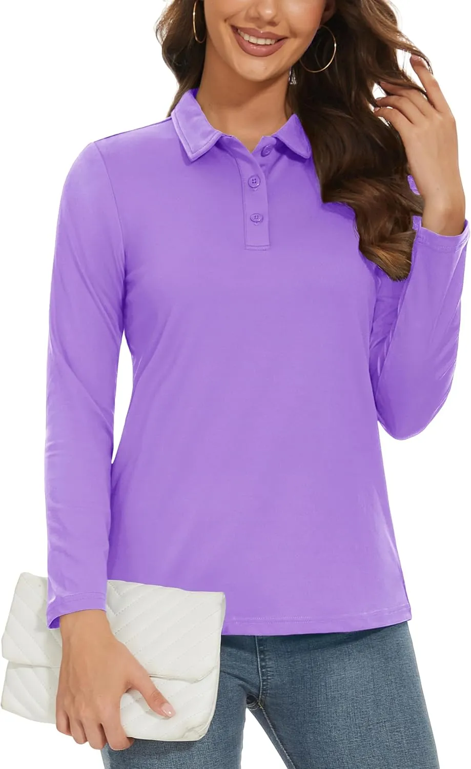 MAGCOMSEN Women's Long Sleeve Golf Shirts UPF 50  Polo Moisture Wicking 3-Button Placket Casual Shirt for Tennis Sports