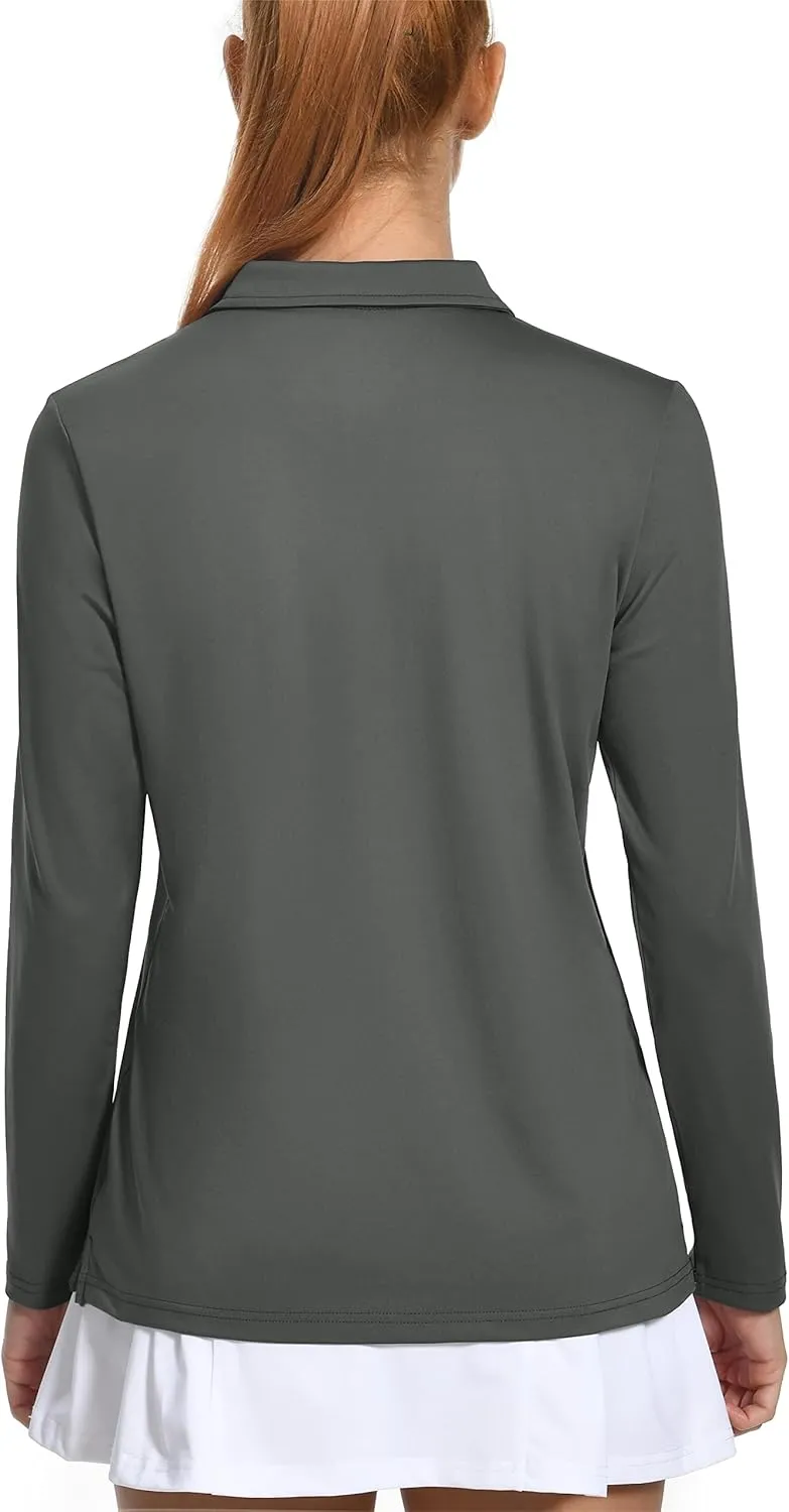MAGCOMSEN Women's Long Sleeve Golf Shirts UPF 50  Polo Moisture Wicking 3-Button Placket Casual Shirt for Tennis Sports