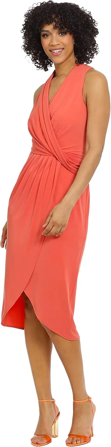 Maggy London Women's Sleek and Sophisticated Draped Bodice Wrap Look High Low Sheath Dress