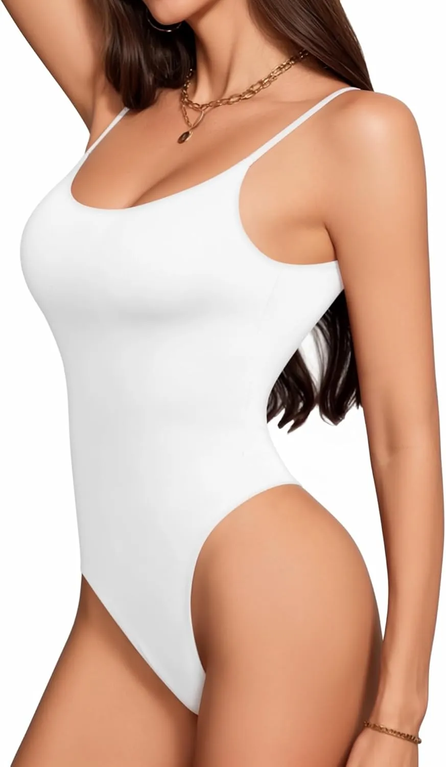 MANGOPOP Women's Cami Thong Bodysuit Double Lined Square Neck Backless Body Suit Adjustable Spaghetti Strap Tank Tops