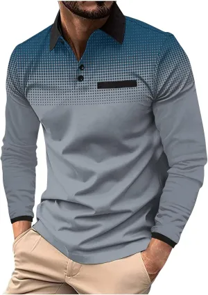 Men's Gradient Printed Sport Shirt Button Lapel Long Sleeve Tops Casual Golf Polo Shirts Fall Winter Tops