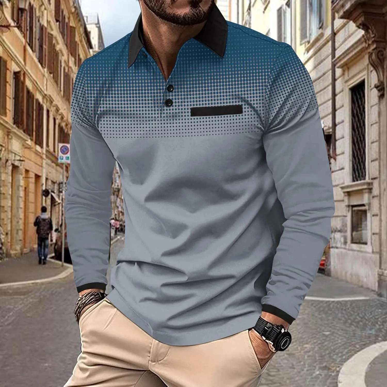 Men's Gradient Printed Sport Shirt Button Lapel Long Sleeve Tops Casual Golf Polo Shirts Fall Winter Tops