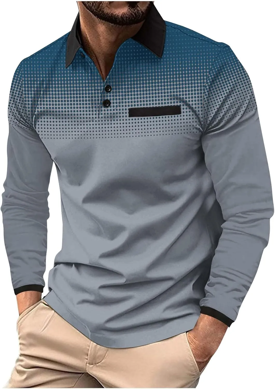 Men's Gradient Printed Sport Shirt Button Lapel Long Sleeve Tops Casual Golf Polo Shirts Fall Winter Tops