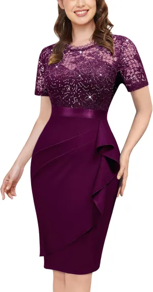 Miusol Women's Elegant Sequin Floral Lace Scoop Neck Ruffle Style Cocktail Party Dress