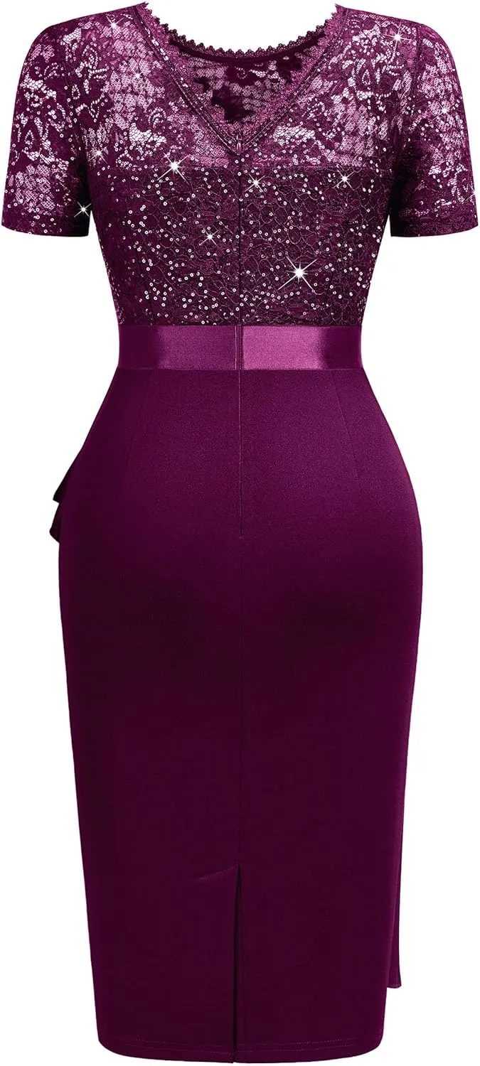 Miusol Women's Elegant Sequin Floral Lace Scoop Neck Ruffle Style Cocktail Party Dress