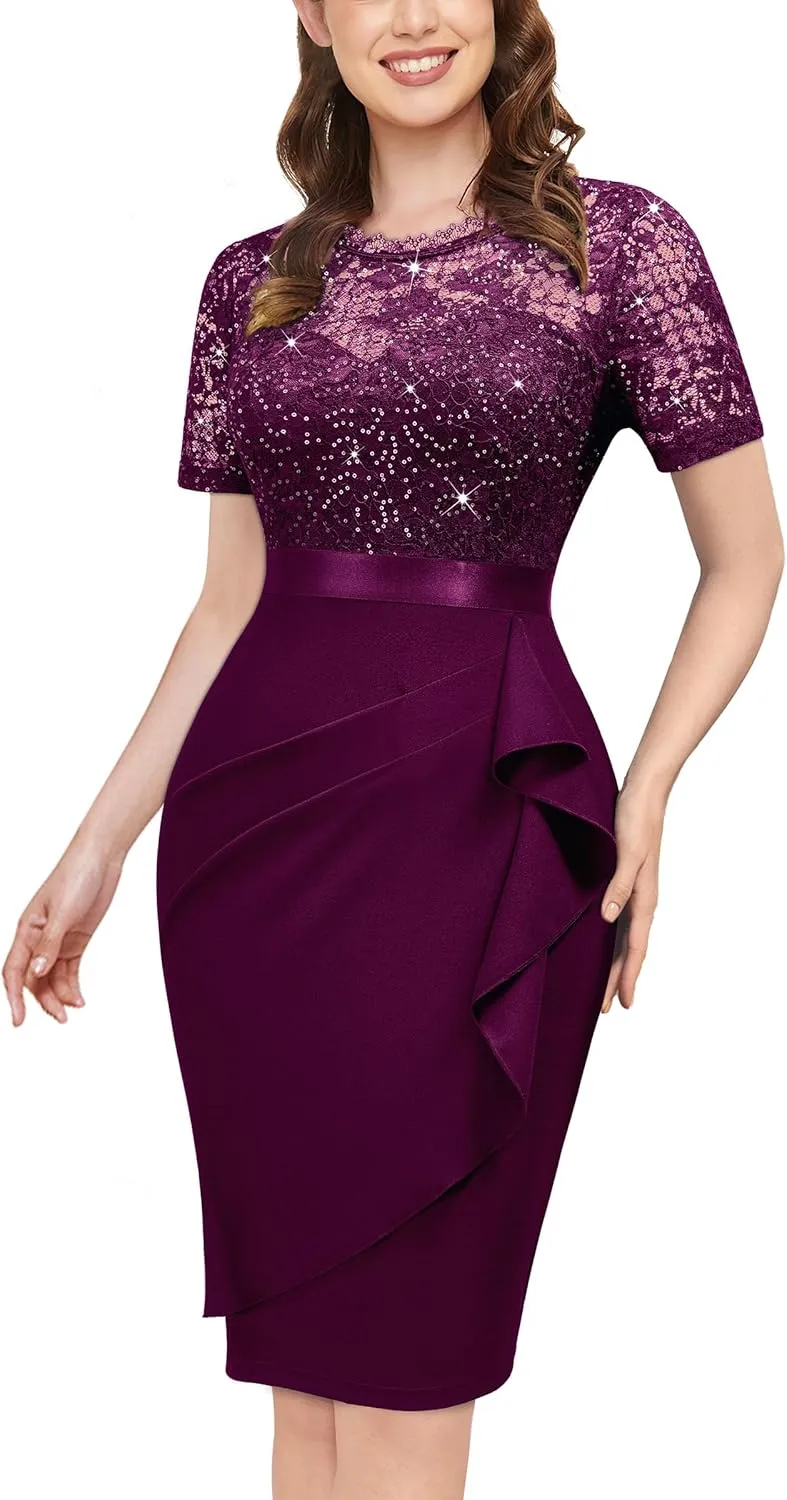 Miusol Women's Elegant Sequin Floral Lace Scoop Neck Ruffle Style Cocktail Party Dress