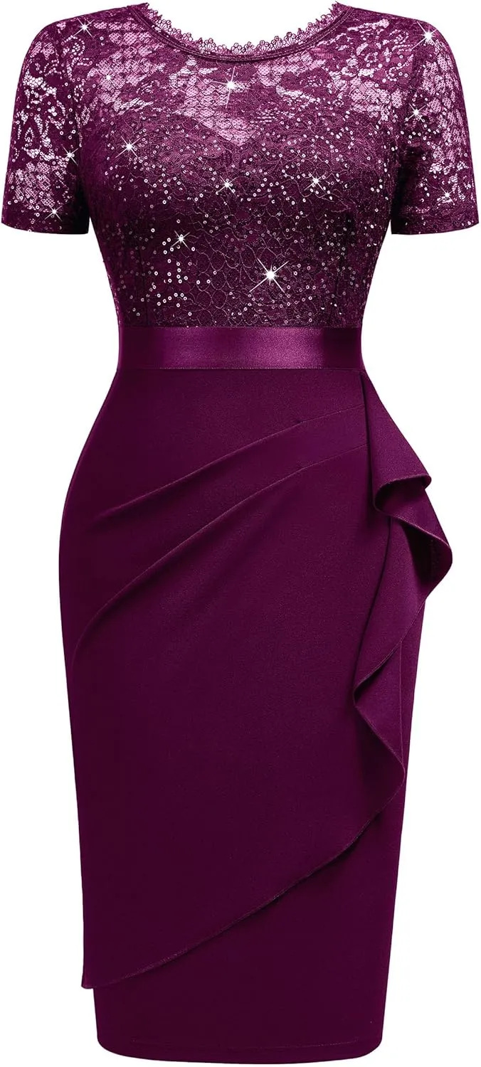 Miusol Women's Elegant Sequin Floral Lace Scoop Neck Ruffle Style Cocktail Party Dress