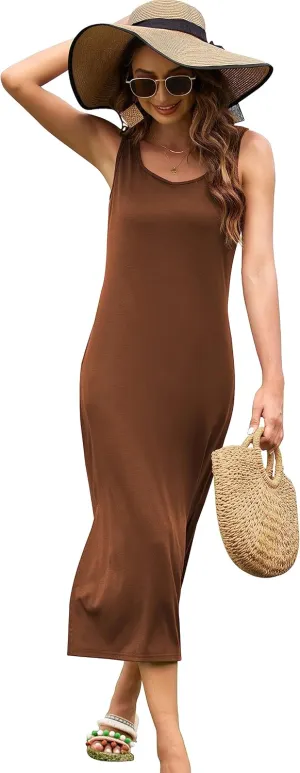 Naggoo Women's Sleevelee Tank Dress Midi Summer Casual Scoop Neck Basic Split Maxi Tshirt Sundresses with Pockets