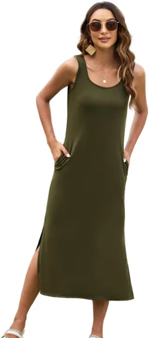 Naggoo Women's Sleevelee Tank Dress Midi Summer Casual Scoop Neck Basic Split Maxi Tshirt Sundresses with Pockets