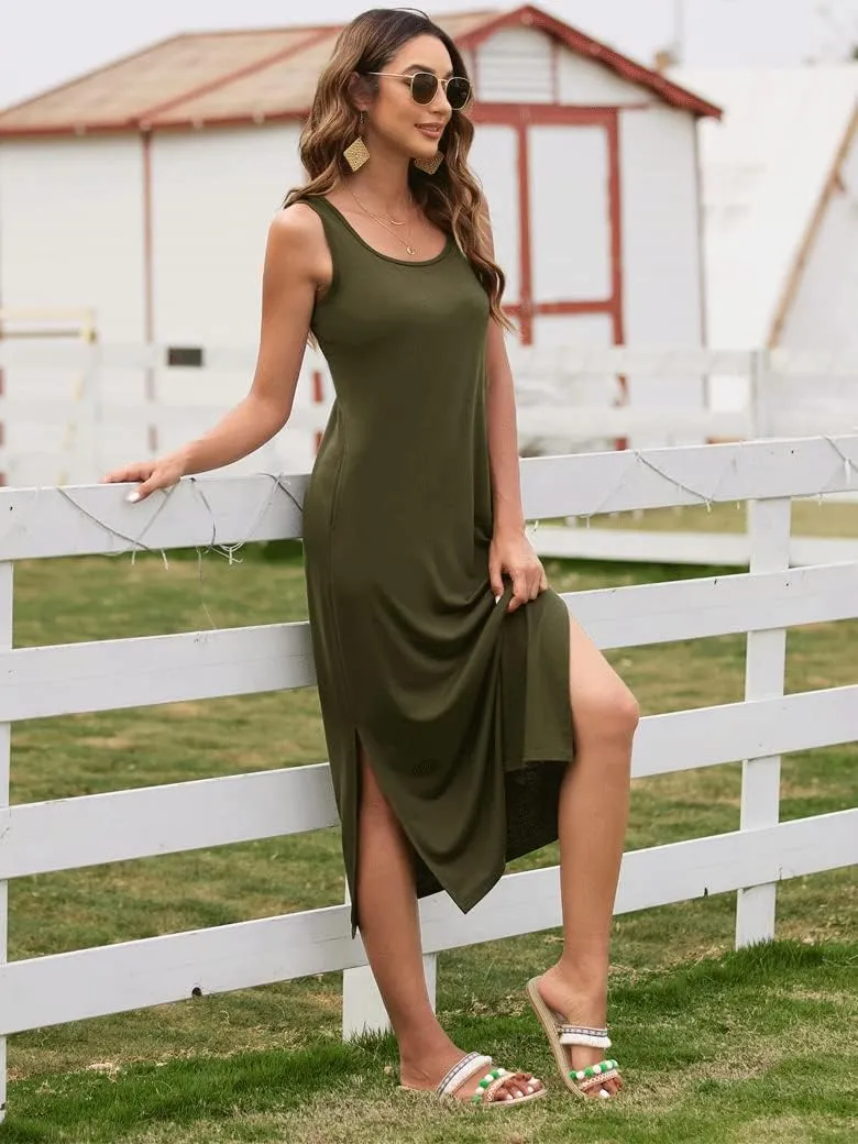 Naggoo Women's Sleevelee Tank Dress Midi Summer Casual Scoop Neck Basic Split Maxi Tshirt Sundresses with Pockets