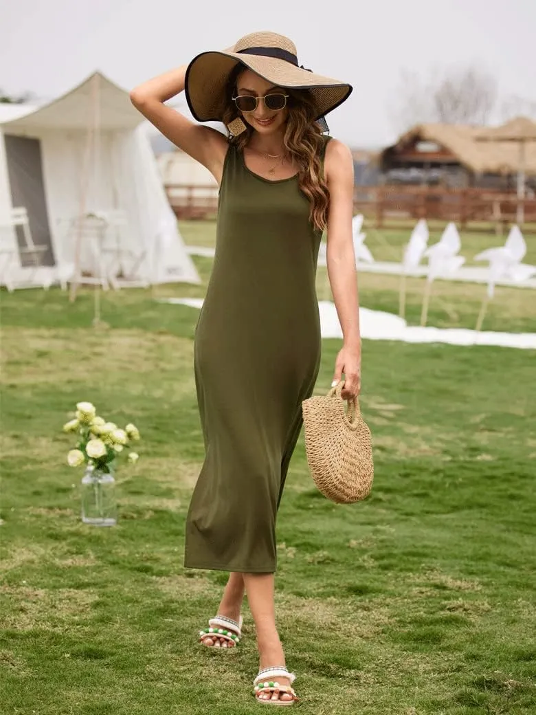 Naggoo Women's Sleevelee Tank Dress Midi Summer Casual Scoop Neck Basic Split Maxi Tshirt Sundresses with Pockets