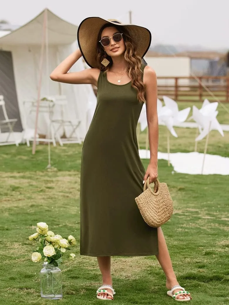 Naggoo Women's Sleevelee Tank Dress Midi Summer Casual Scoop Neck Basic Split Maxi Tshirt Sundresses with Pockets