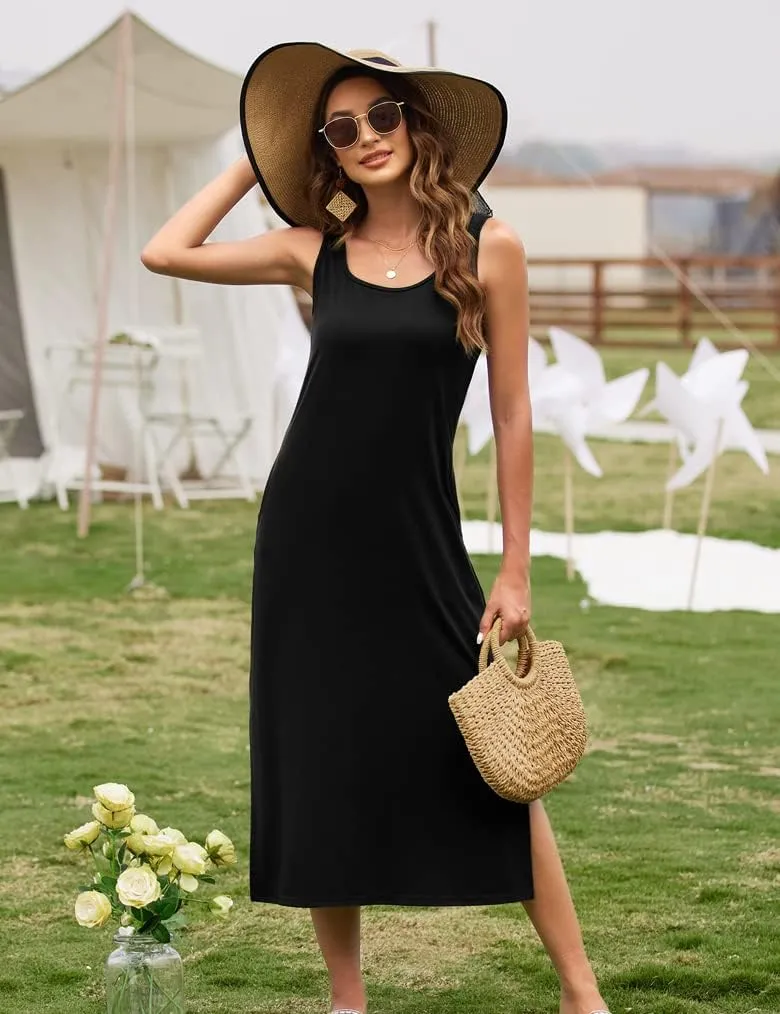 Naggoo Women's Sleevelee Tank Dress Midi Summer Casual Scoop Neck Basic Split Maxi Tshirt Sundresses with Pockets