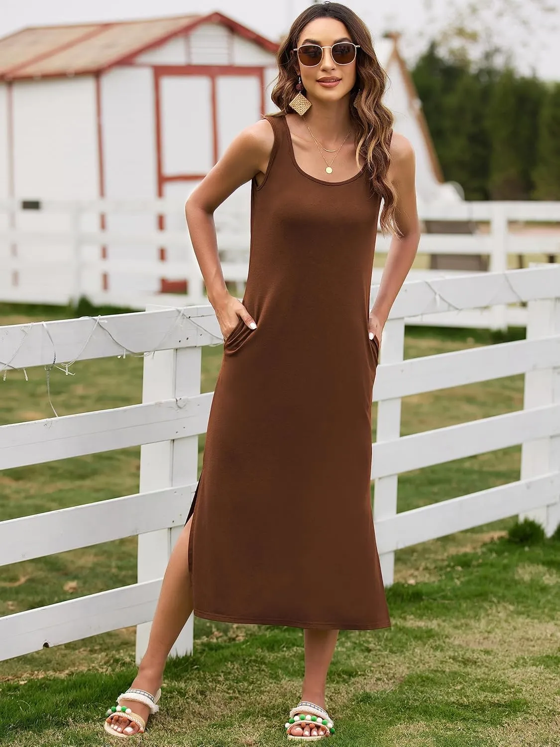 Naggoo Women's Sleevelee Tank Dress Midi Summer Casual Scoop Neck Basic Split Maxi Tshirt Sundresses with Pockets