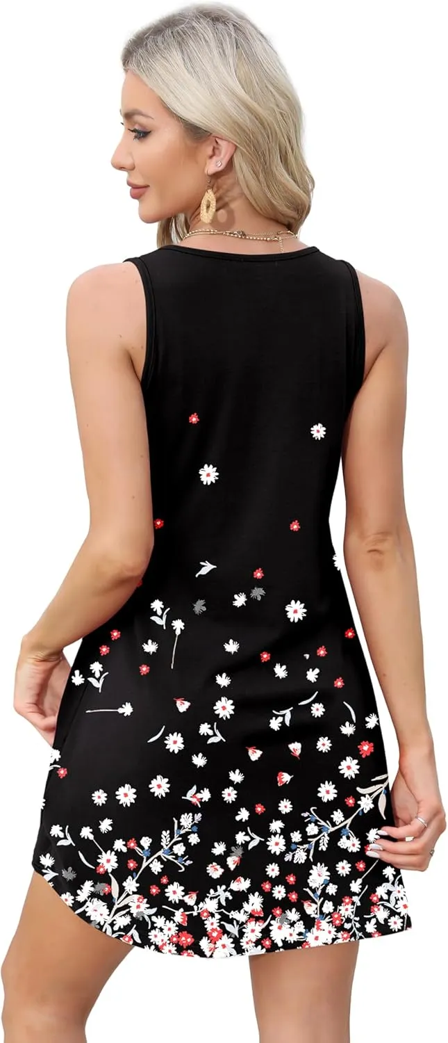 OFEEFAN Womens Summer Dresses 2025 Loose V Neck Sleeveless Sundresses Swimsuit Coverup with Pockets Floral/Plain/Eyelet