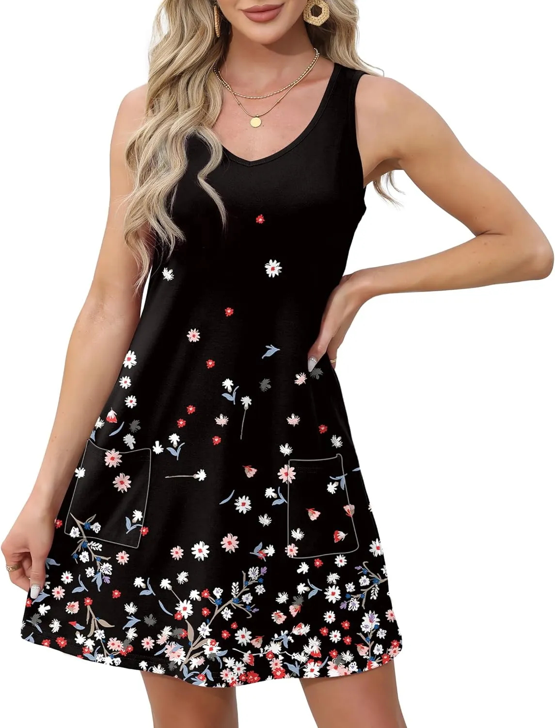 OFEEFAN Womens Summer Dresses 2025 Loose V Neck Sleeveless Sundresses Swimsuit Coverup with Pockets Floral/Plain/Eyelet