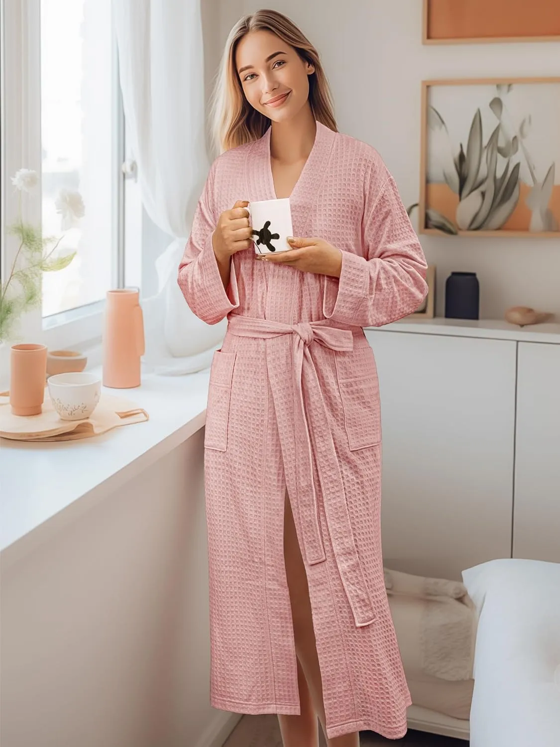 PAVILIA Women Waffle Knit Kimono Robe, Soft Cozy Breathable Lightweight Long Bathrobe with Side Pockets for Shower Spa House