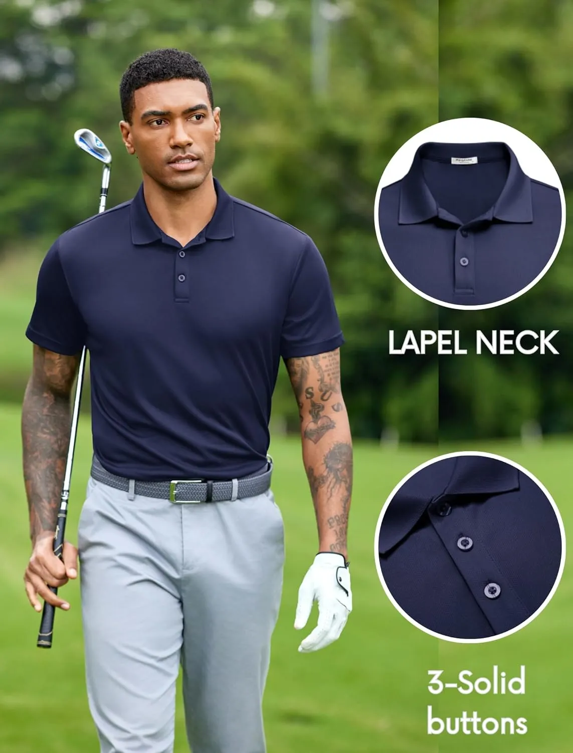 PINSPARK Mens Polo Shirts Short Sleeve Lightweight Moisture Wicking Quick Dry Casual Workout Collared Shirt Plain 3 Pack Set