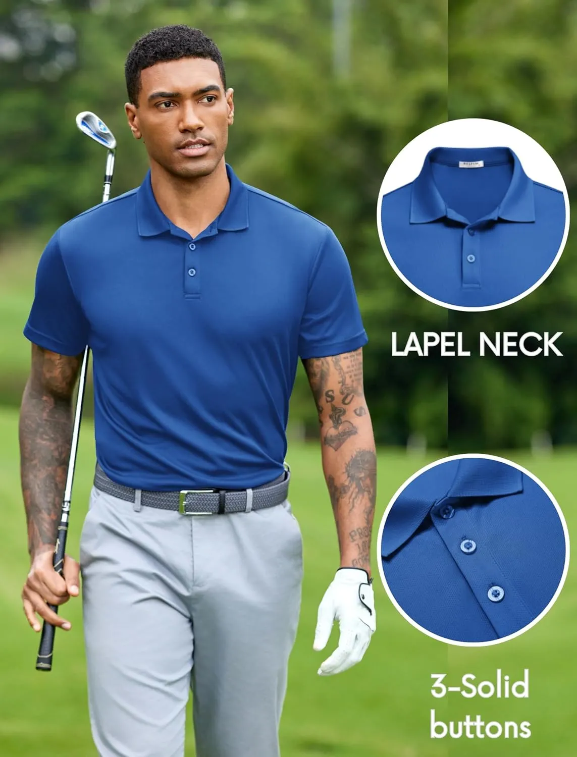 PINSPARK Mens Polo Shirts Short Sleeve Lightweight Moisture Wicking Quick Dry Casual Workout Collared Shirt Plain 3 Pack Set