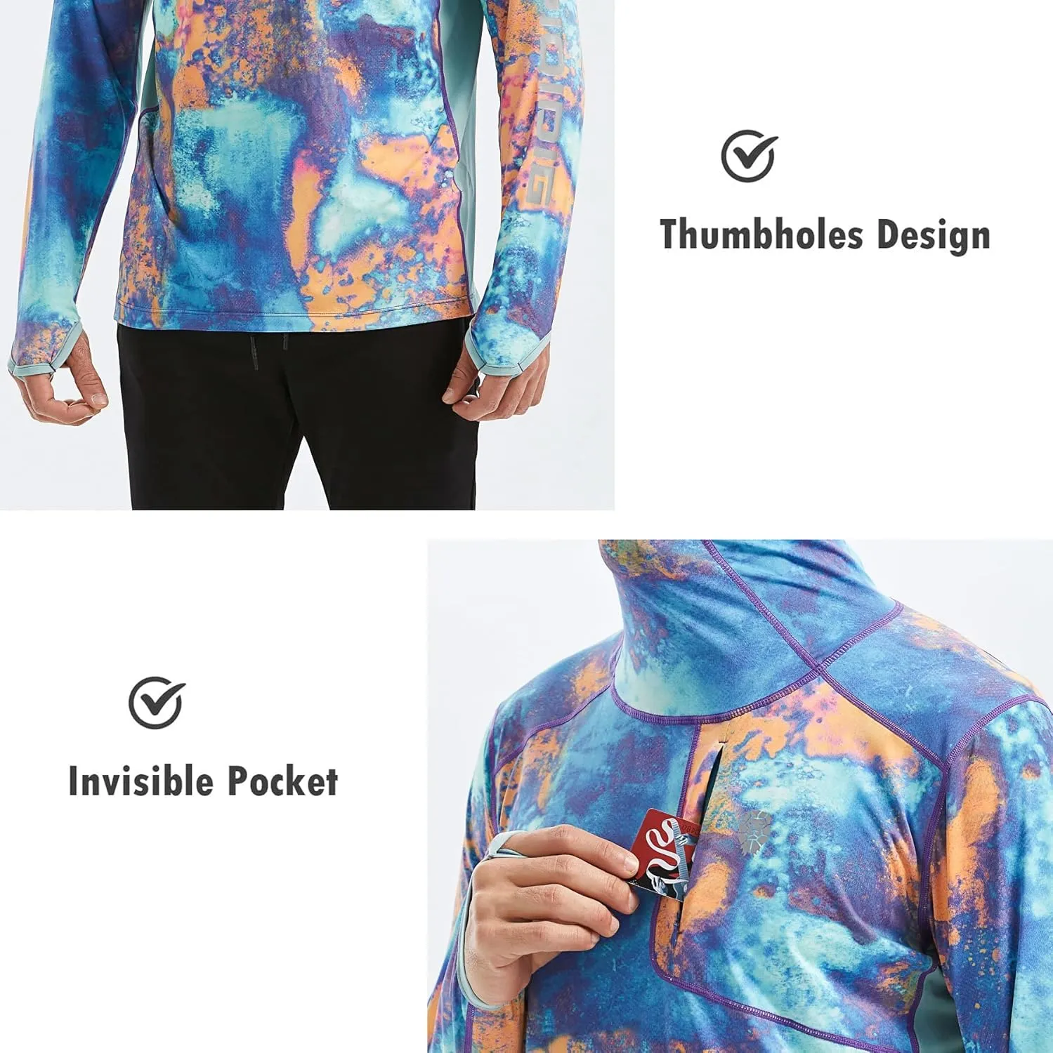 PIQIDIG Men's Sun Protection Hoodie Shirts UPF 50  Long Sleeve Rash Guard Performance Athletic Running Hiking T-Shirt
