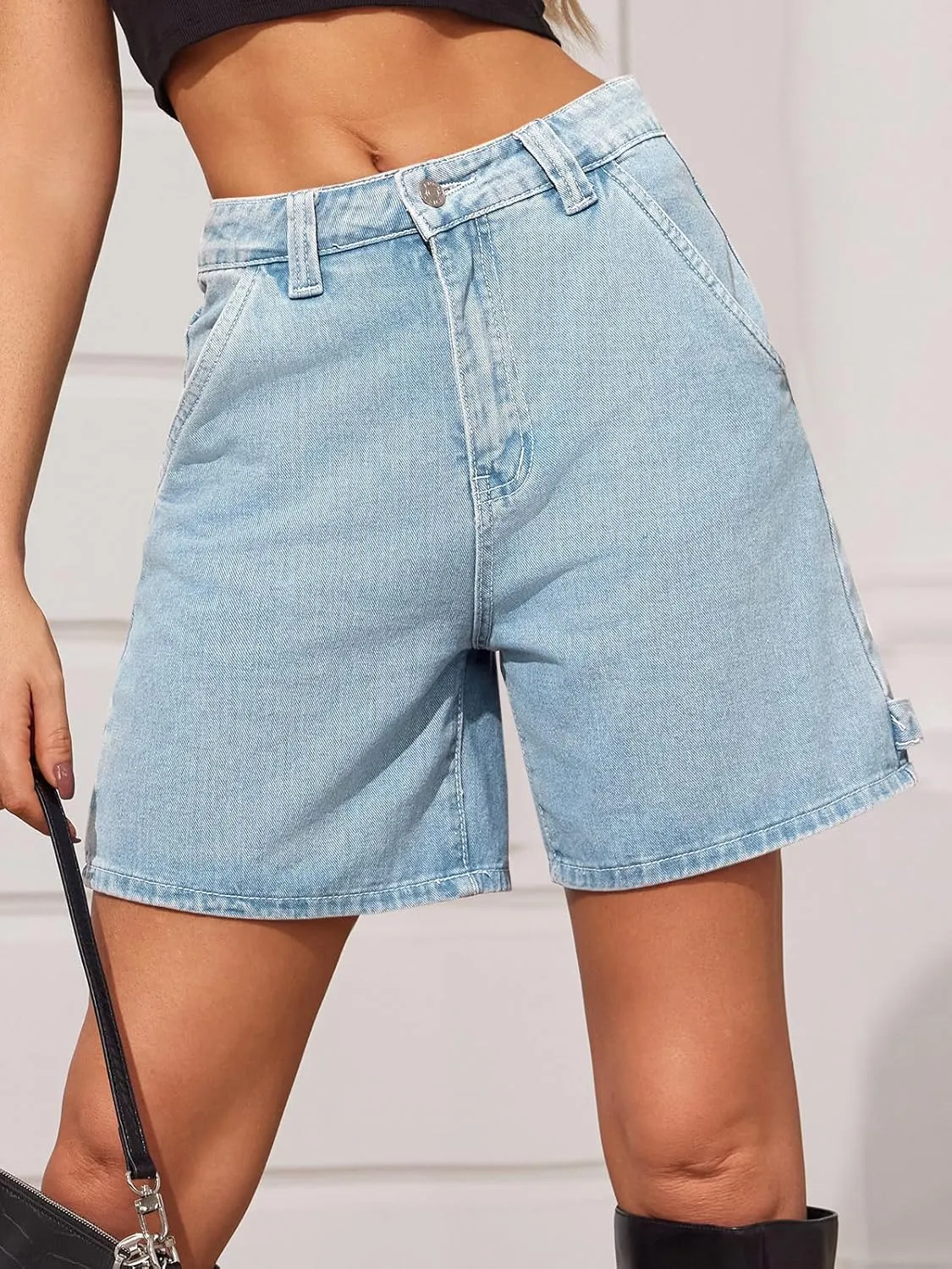 PLNOTME Womens High Waisted Denim Shorts Summer Casual Button Down Baggy Stretchy Jean Shorts with Pockets