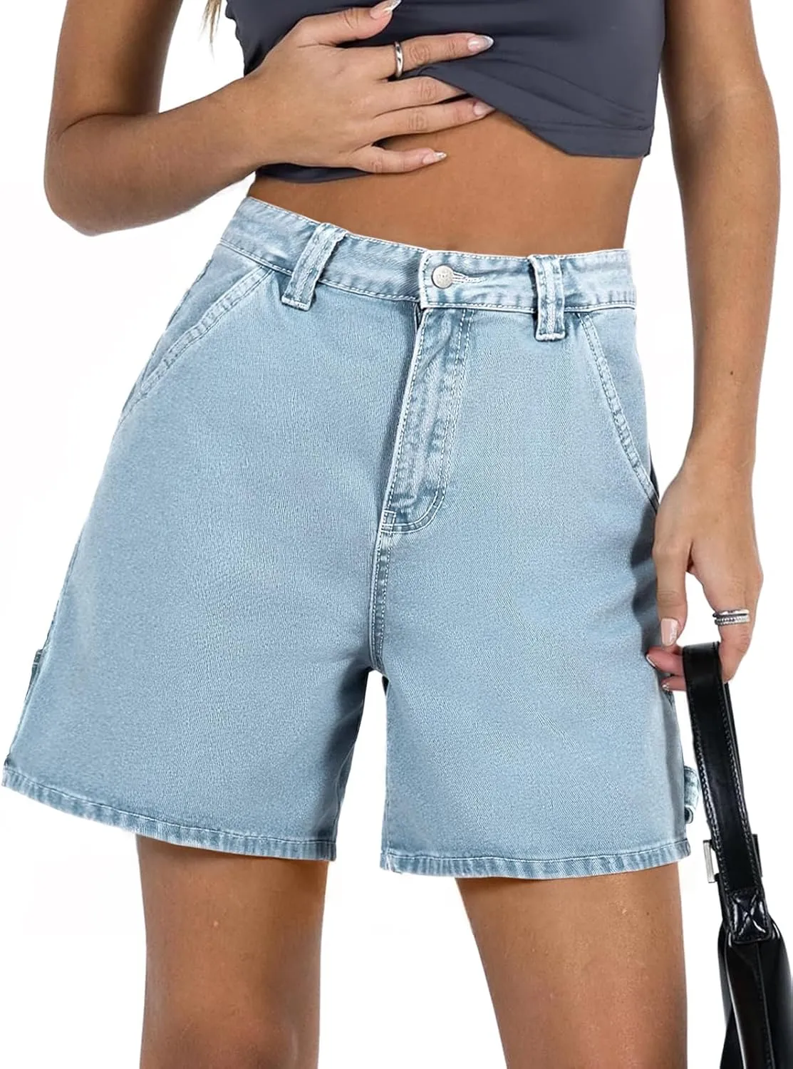 PLNOTME Womens High Waisted Denim Shorts Summer Casual Button Down Baggy Stretchy Jean Shorts with Pockets
