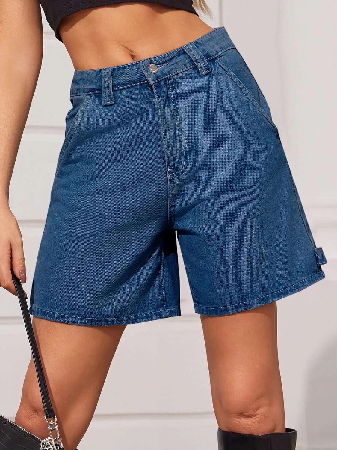 PLNOTME Womens High Waisted Denim Shorts Summer Casual Button Down Baggy Stretchy Jean Shorts with Pockets