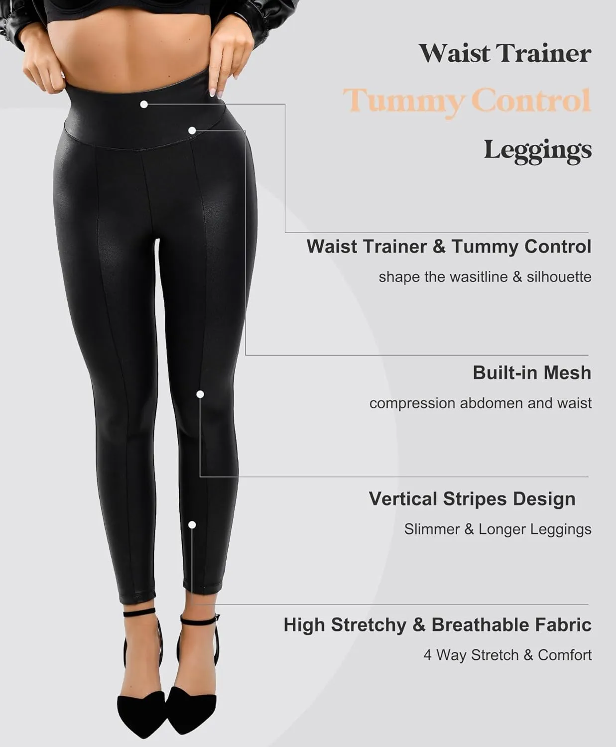 Popilush Shapewear Leggings Leather Pants - Faux Leather Leggings for Women Tummy Control Hight Waisted Pleather Pants