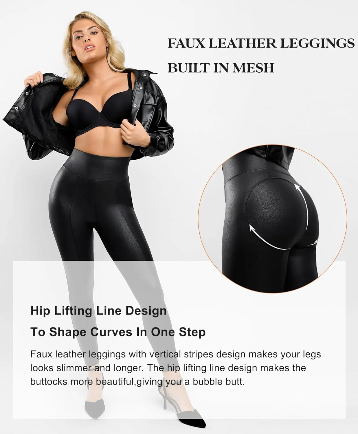 Popilush Shapewear Leggings Leather Pants - Faux Leather Leggings for Women Tummy Control Hight Waisted Pleather Pants