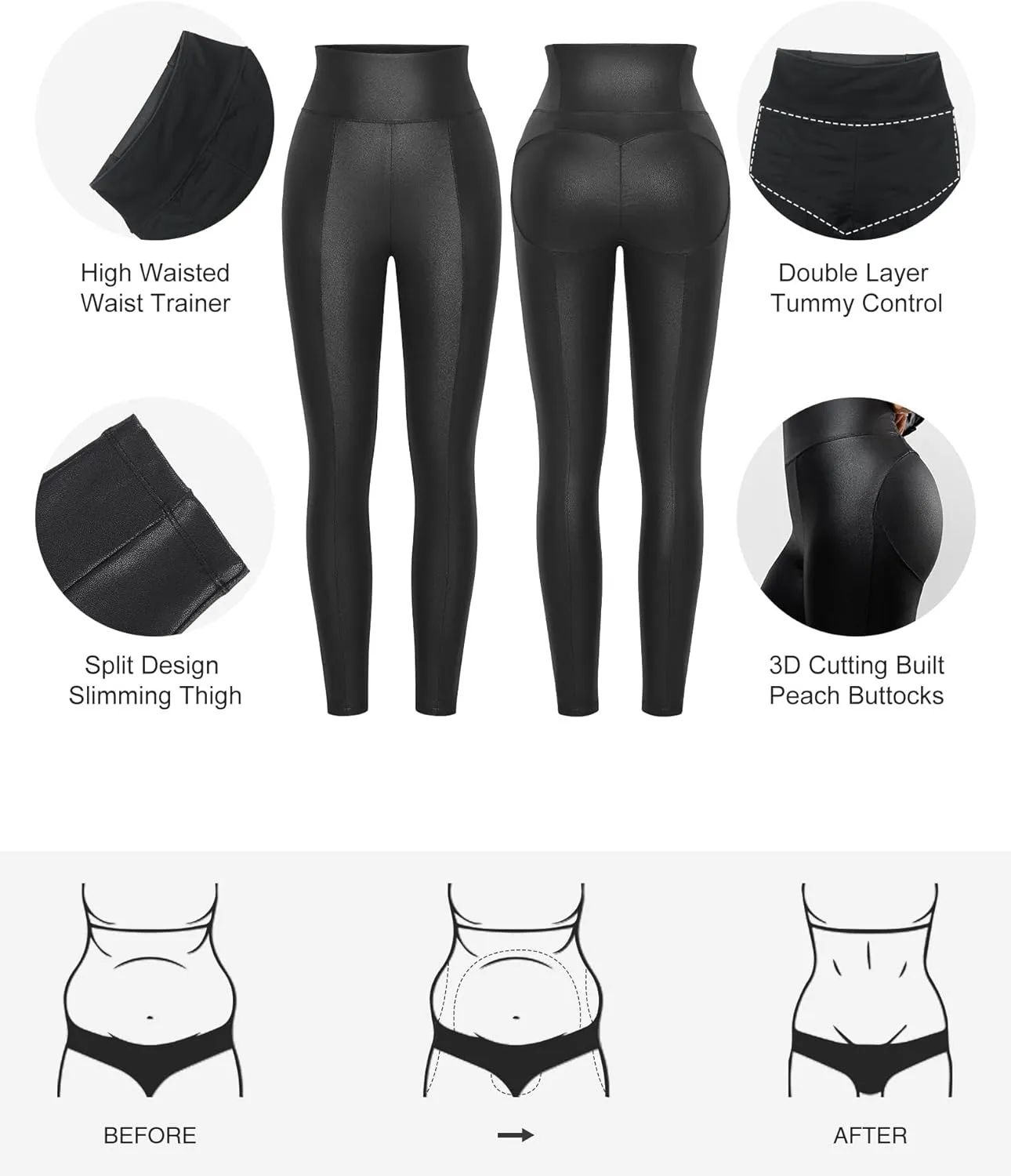 Popilush Shapewear Leggings Leather Pants - Faux Leather Leggings for Women Tummy Control Hight Waisted Pleather Pants