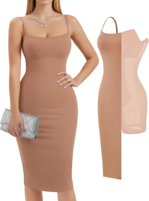 Popilush Summer Midi Dresses for Women - Bodycon Cocktail Party Graduation Shapewear Dress with Built-in Bra