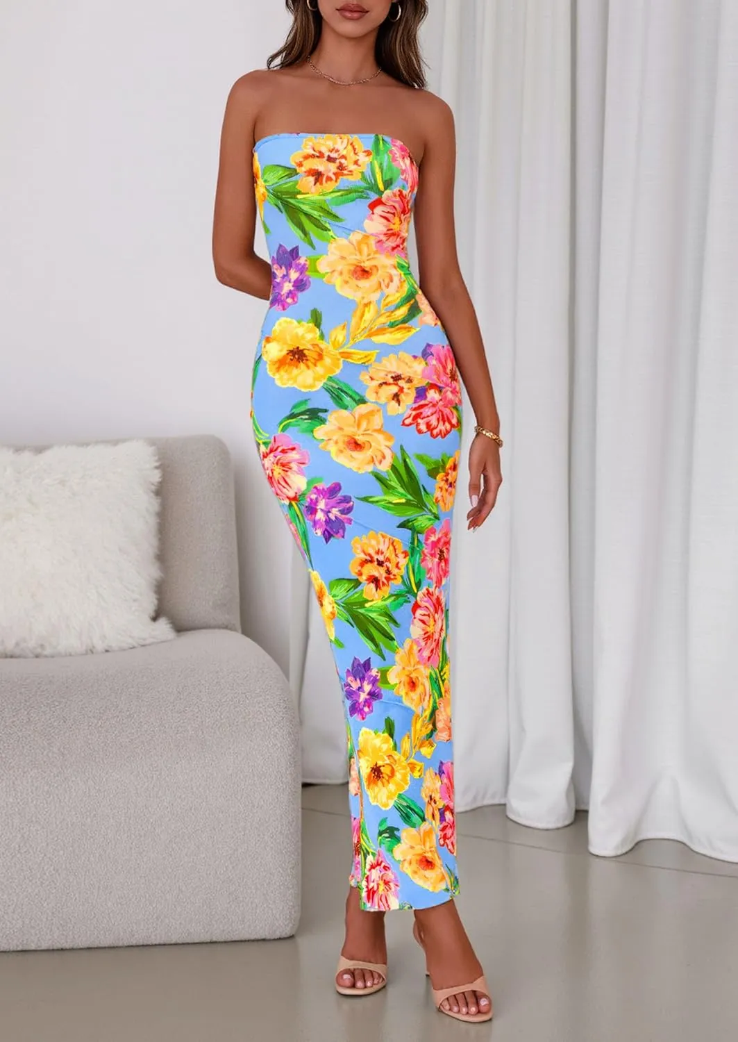 PRETTYGARDEN Women's 2025 Summer Floral Bodycon Maxi Dresses Ribbed Strapless Tube Casual Boho Party Long Dress