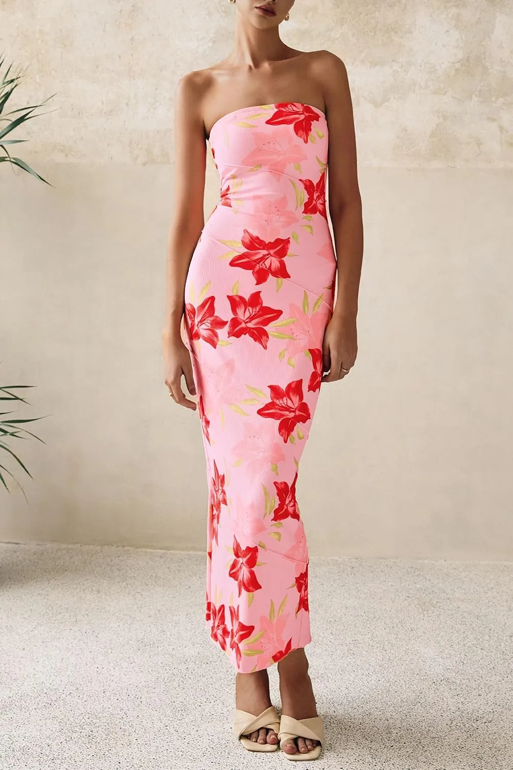 PRETTYGARDEN Women's 2025 Summer Floral Bodycon Maxi Dresses Ribbed Strapless Tube Casual Boho Party Long Dress