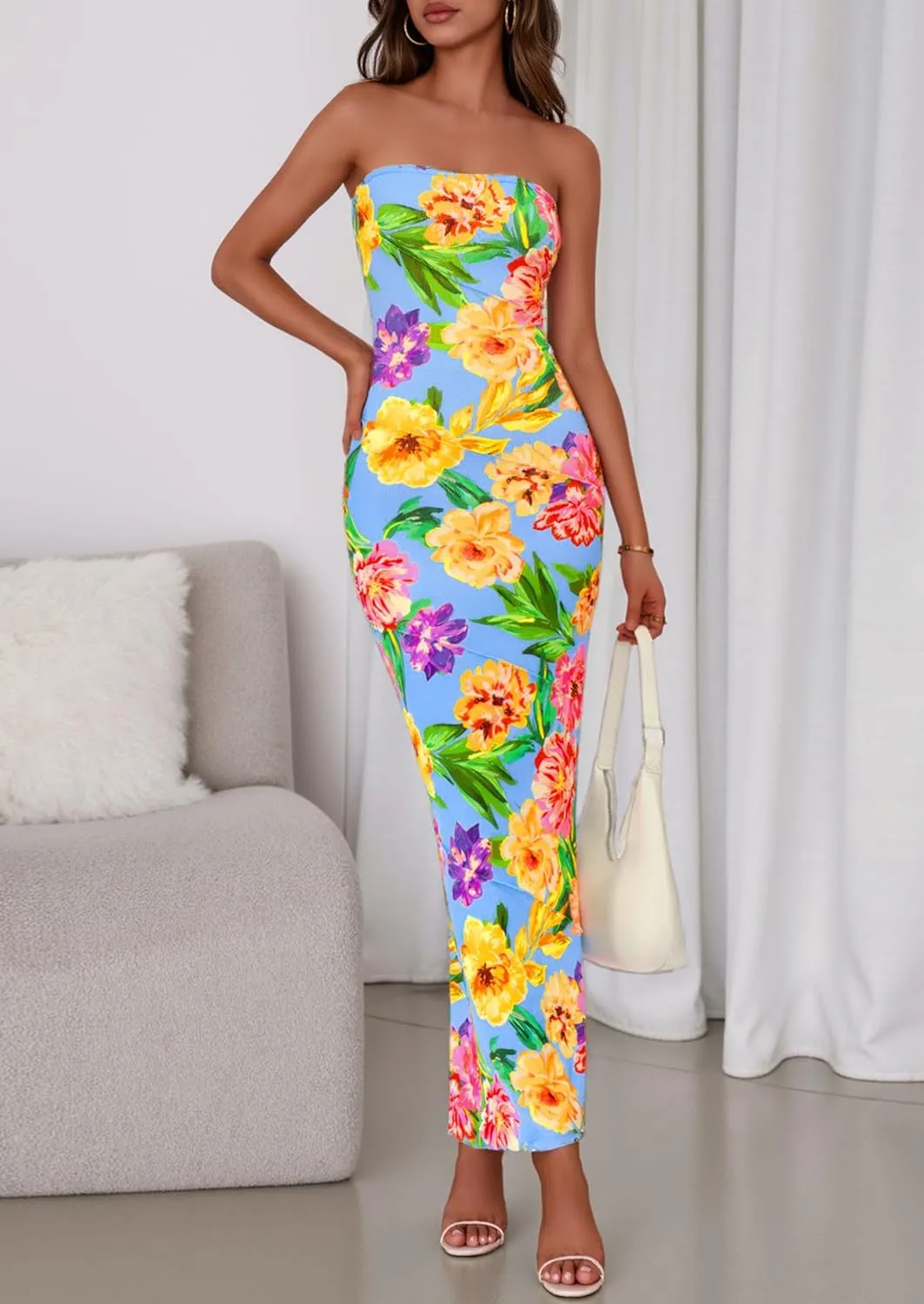 PRETTYGARDEN Women's 2025 Summer Floral Bodycon Maxi Dresses Ribbed Strapless Tube Casual Boho Party Long Dress