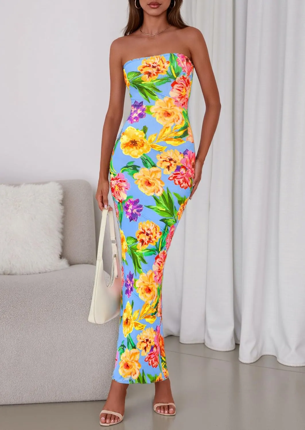 PRETTYGARDEN Women's 2025 Summer Floral Bodycon Maxi Dresses Ribbed Strapless Tube Casual Boho Party Long Dress