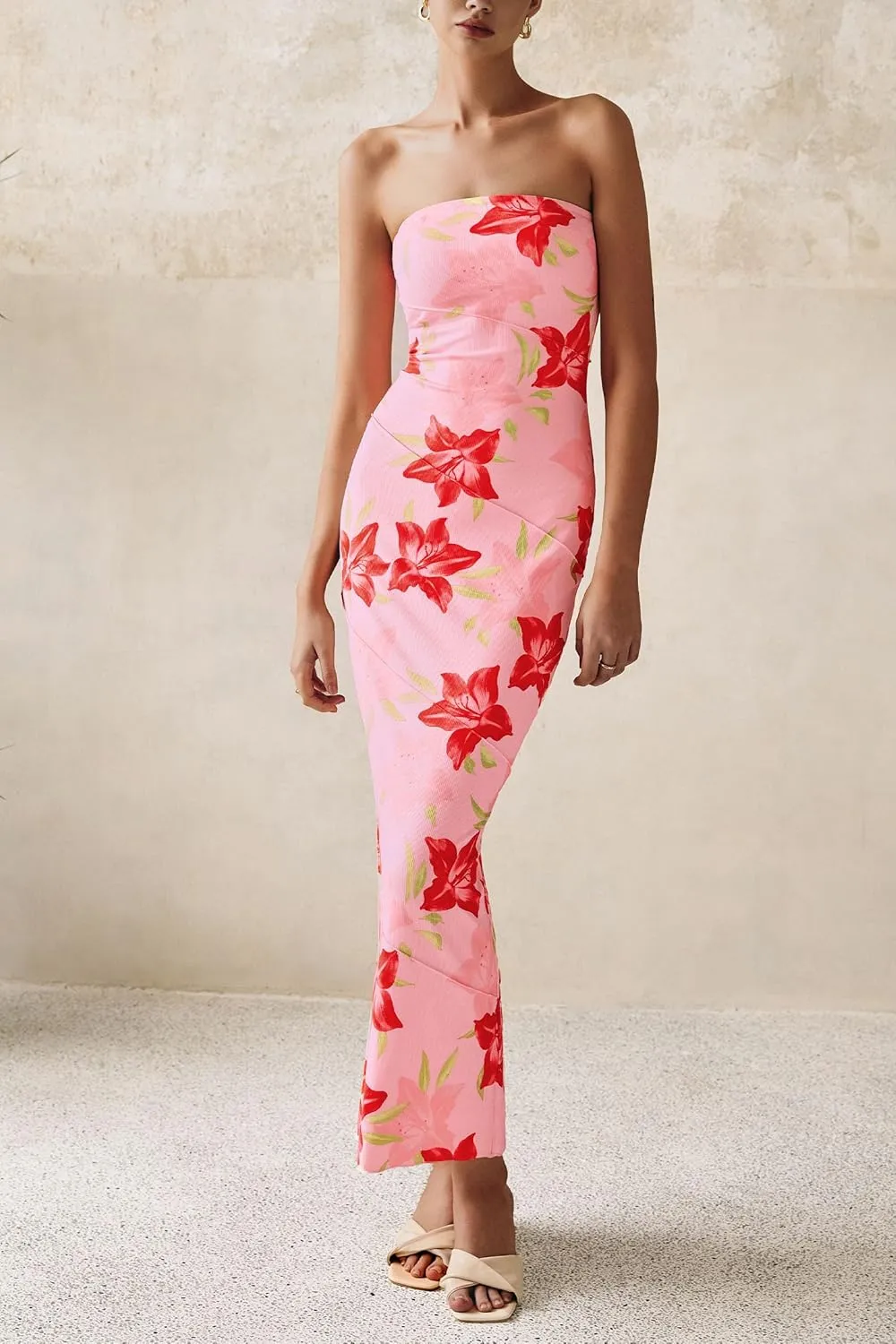 PRETTYGARDEN Women's 2025 Summer Floral Bodycon Maxi Dresses Ribbed Strapless Tube Casual Boho Party Long Dress