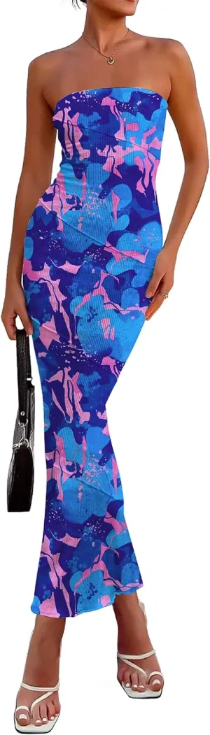PRETTYGARDEN Women's 2025 Summer Floral Bodycon Maxi Dresses Ribbed Strapless Tube Casual Boho Party Long Dress