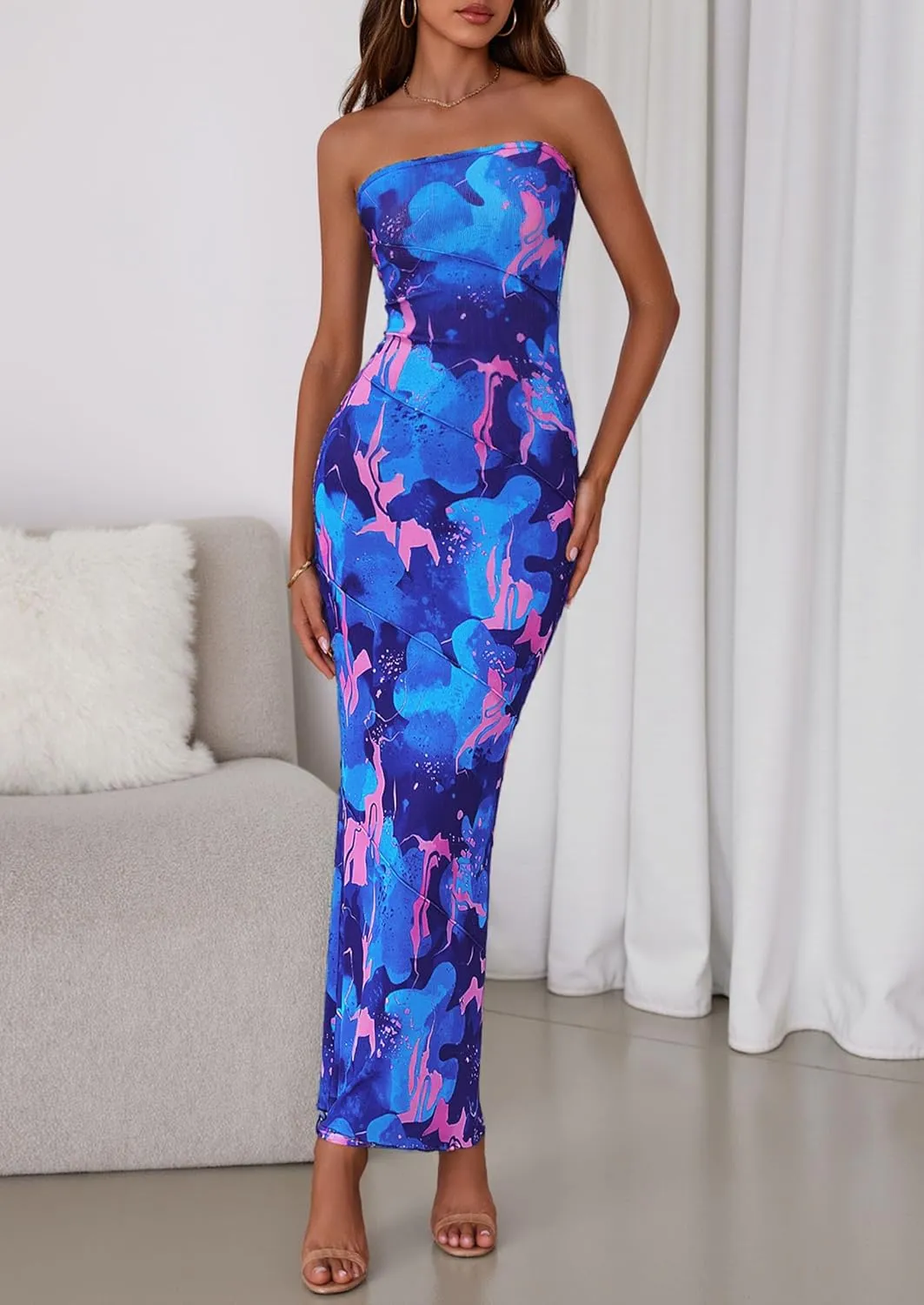 PRETTYGARDEN Women's 2025 Summer Floral Bodycon Maxi Dresses Ribbed Strapless Tube Casual Boho Party Long Dress