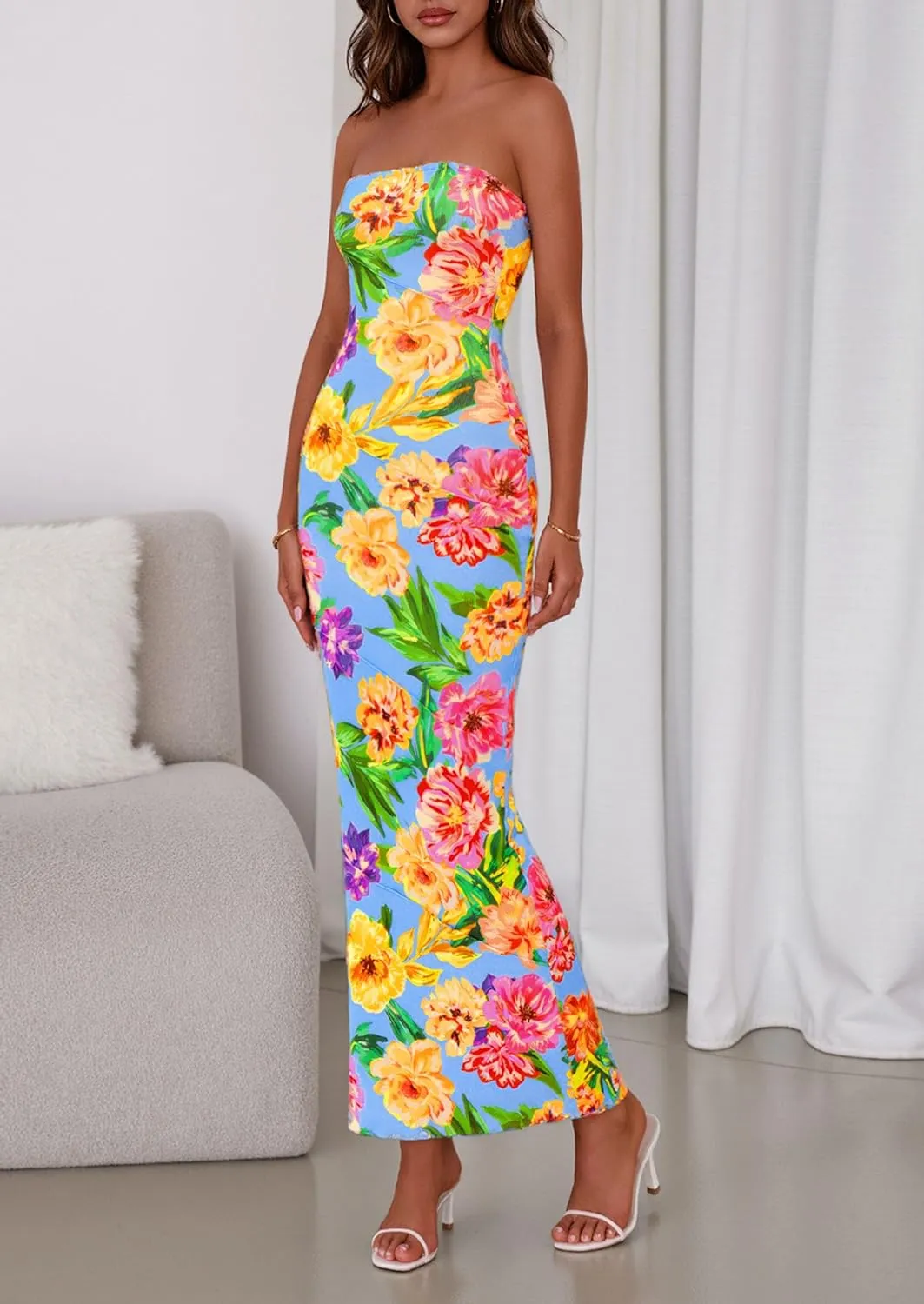 PRETTYGARDEN Women's 2025 Summer Floral Bodycon Maxi Dresses Ribbed Strapless Tube Casual Boho Party Long Dress