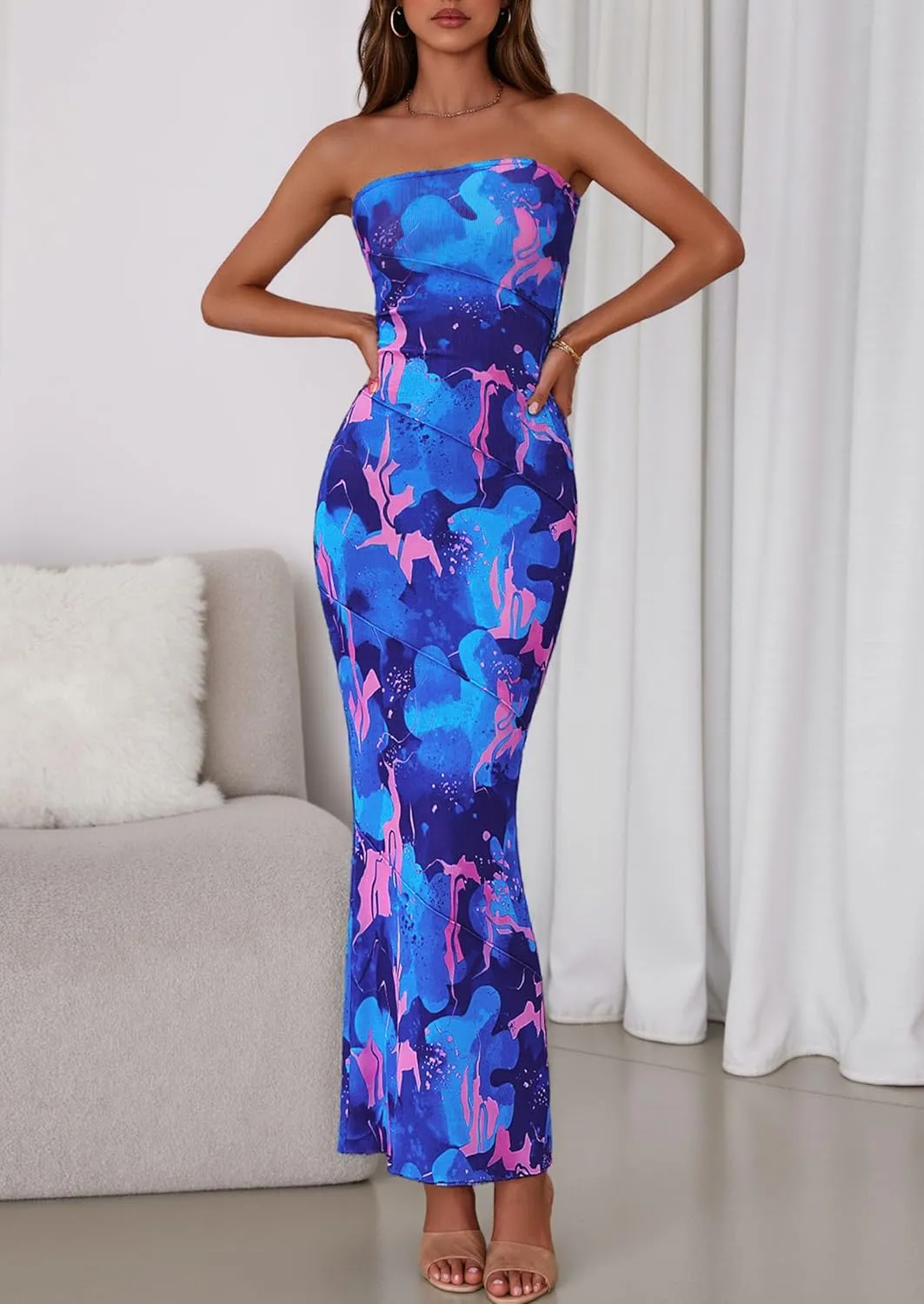 PRETTYGARDEN Women's 2025 Summer Floral Bodycon Maxi Dresses Ribbed Strapless Tube Casual Boho Party Long Dress