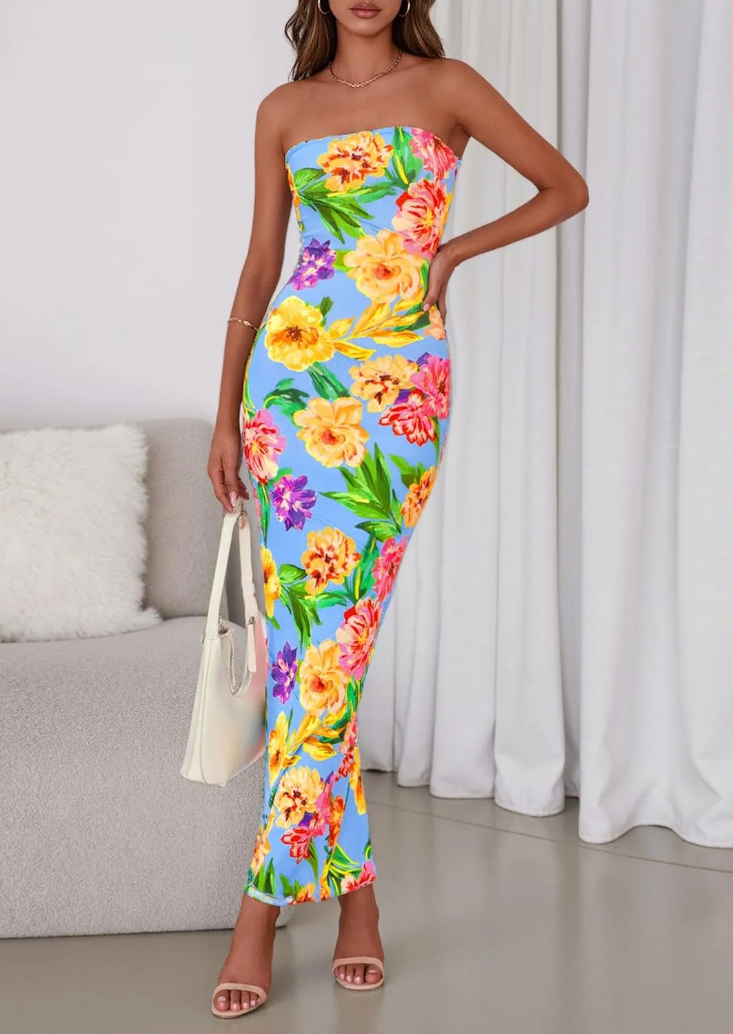 PRETTYGARDEN Women's 2025 Summer Floral Bodycon Maxi Dresses Ribbed Strapless Tube Casual Boho Party Long Dress