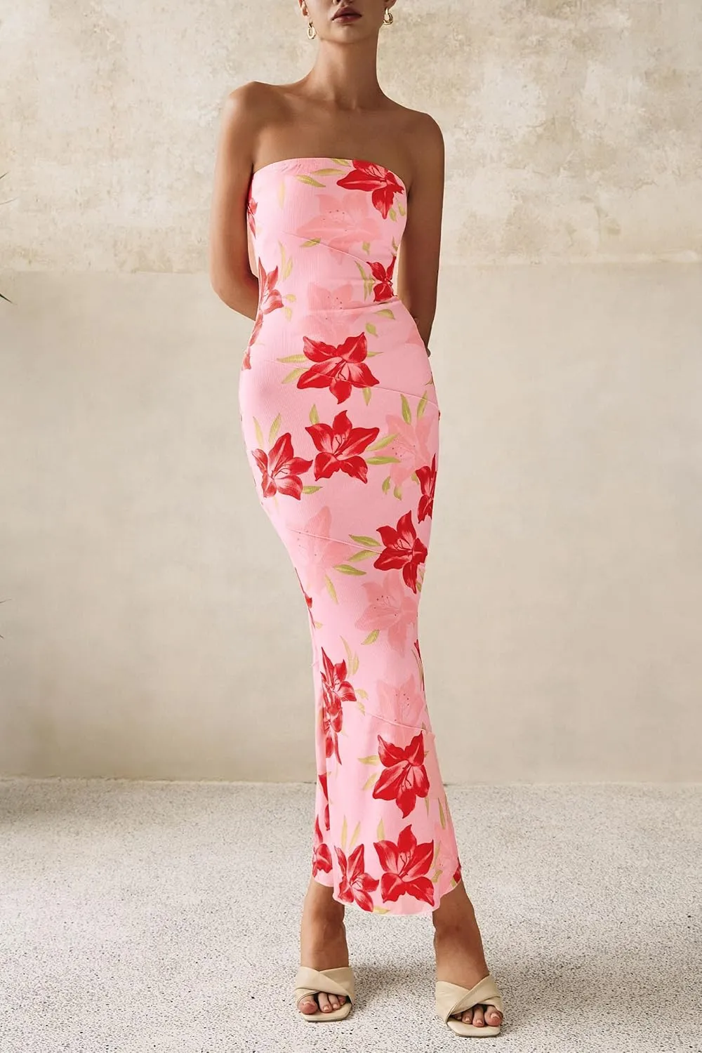 PRETTYGARDEN Women's 2025 Summer Floral Bodycon Maxi Dresses Ribbed Strapless Tube Casual Boho Party Long Dress