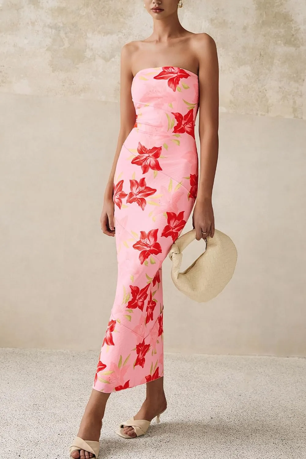 PRETTYGARDEN Women's 2025 Summer Floral Bodycon Maxi Dresses Ribbed Strapless Tube Casual Boho Party Long Dress